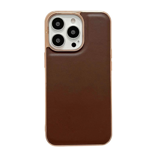 iPhone 14 Pro Genuine Leather Xiaoya Series Nano Electroplating Phone Case - Coffee