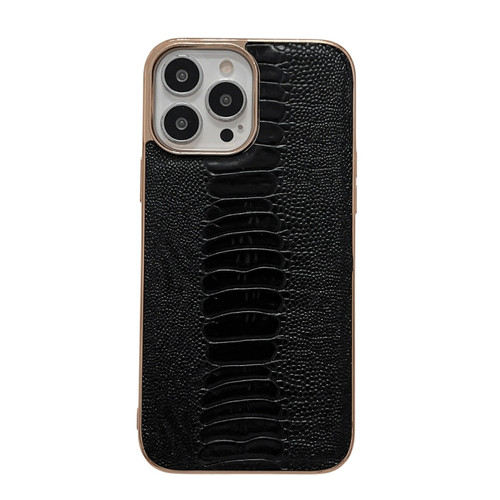 iPhone 14 Pro Genuine Leather Pinshang Series Nano Electroplating Phone Case - Black