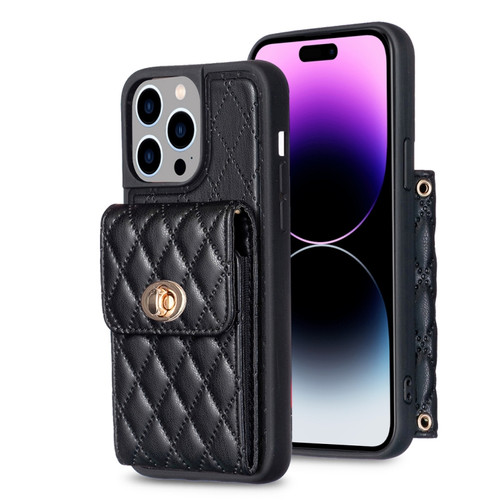 iPhone 14 Pro Vertical Metal Buckle Wallet Rhombic Leather Phone Case - Black