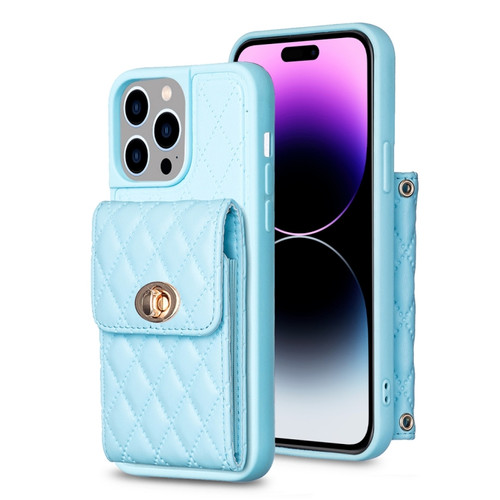 iPhone 14 Pro Vertical Metal Buckle Wallet Rhombic Leather Phone Case - Blue