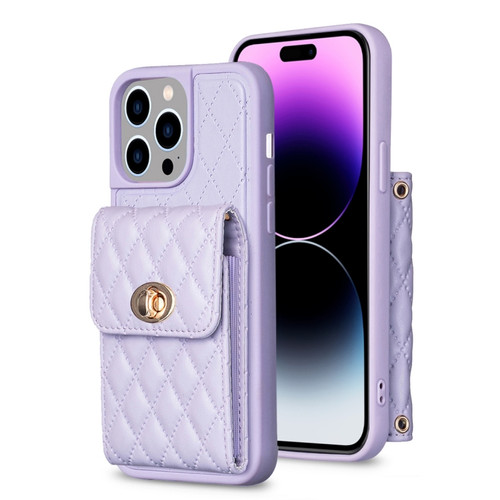 iPhone 14 Pro Vertical Metal Buckle Wallet Rhombic Leather Phone Case - Purple