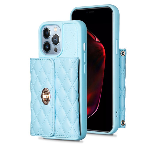 iPhone 14 Pro Horizontal Metal Buckle Wallet Rhombic Leather Phone Case - Blue