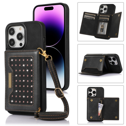 iPhone 14 Pro Three-fold RFID Leather Phone Case with Lanyard - Black