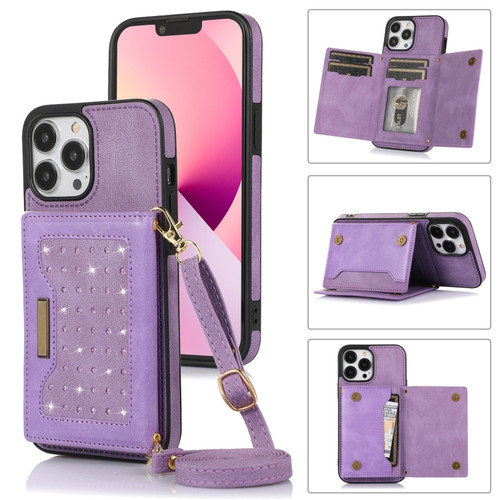 iPhone 14 Pro Three-fold RFID Leather Phone Case with Lanyard - Purple