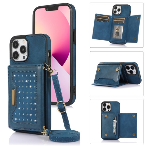 iPhone 14 Pro Three-fold RFID Leather Phone Case with Lanyard - Blue
