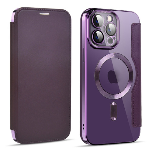 iPhone 14 Pro MagSafe Magnetic RFID Anti-theft Leather Phone Case - Dark Purple