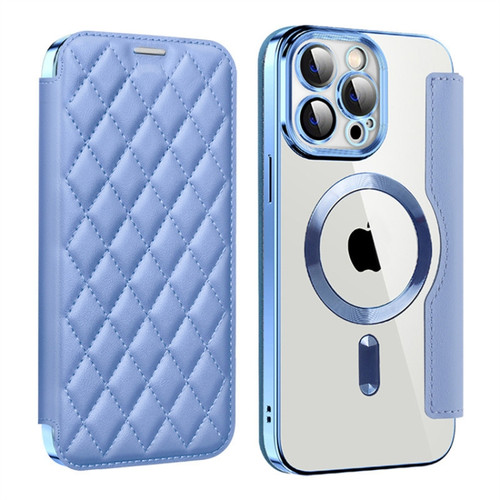 iPhone 14 Pro Shield Magsafe RFID Anti-theft Rhombus Leather Phone Case - Blue