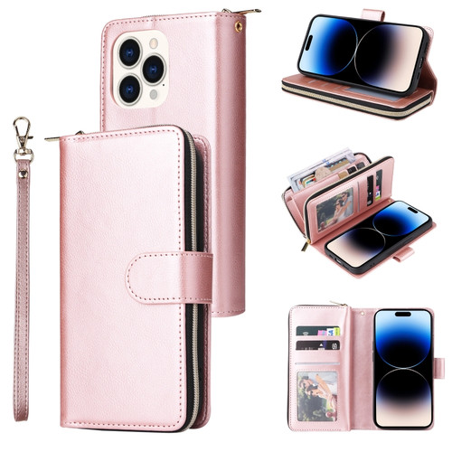 iPhone 14 Pro 9 Card Slots Zipper Wallet Bag Leather Phone Case - Rose Gold