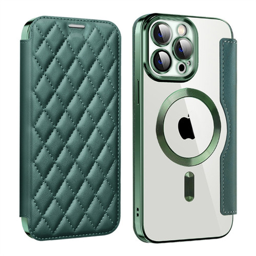 iPhone 14 Pro Shield Magsafe RFID Anti-theft Rhombus Leather Phone Case - Green