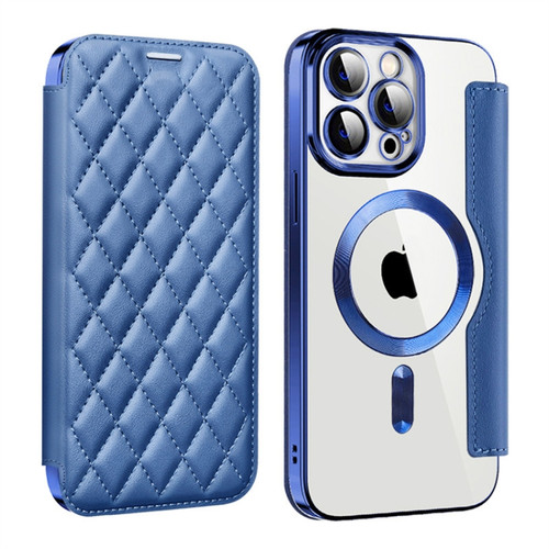 iPhone 14 Pro Shield Magsafe RFID Anti-theft Rhombus Leather Phone Case - Dark Blue