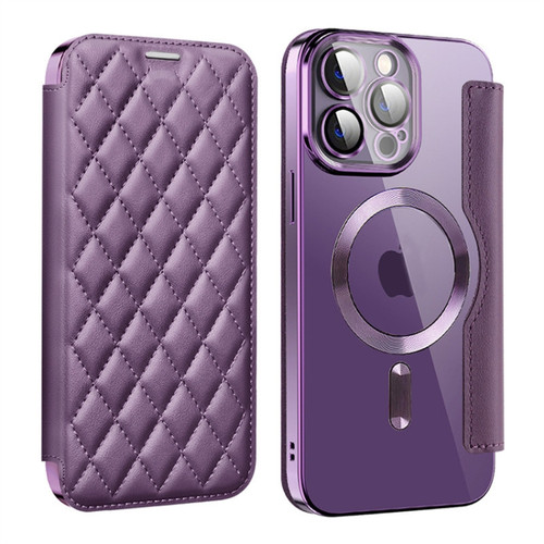iPhone 14 Pro Shield Magsafe RFID Anti-theft Rhombus Leather Phone Case - Purple