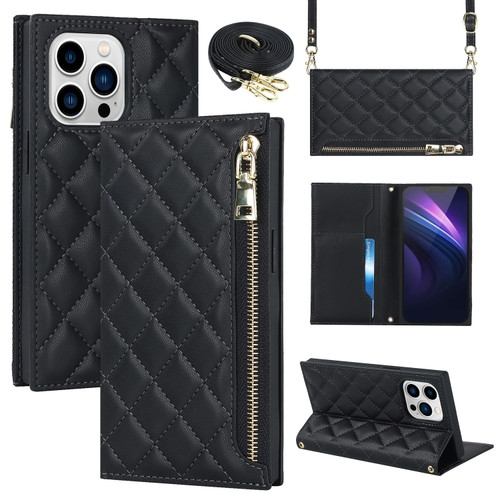 iPhone 14 Pro Grid Texture Lanyard Zipper Leather Phone Case - Black