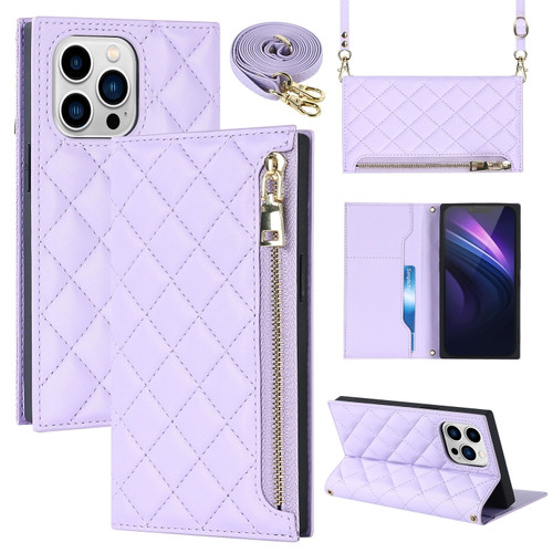 iPhone 14 Pro Grid Texture Lanyard Zipper Leather Phone Case - Purple