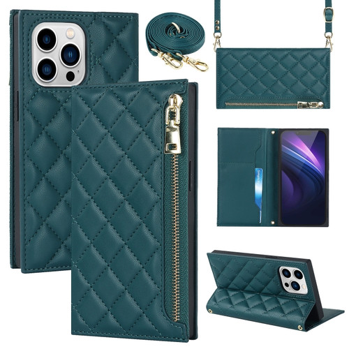 iPhone 14 Pro Grid Texture Lanyard Zipper Leather Phone Case - Green