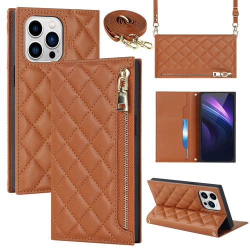 iPhone 14 Pro Grid Texture Lanyard Zipper Leather Phone Case - Brown