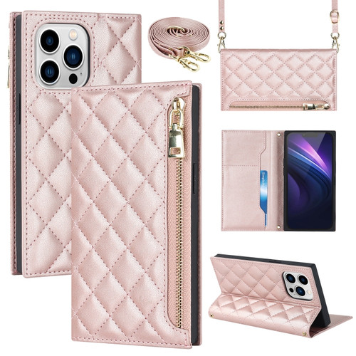 iPhone 14 Pro Grid Texture Lanyard Zipper Leather Phone Case - Rose Gold