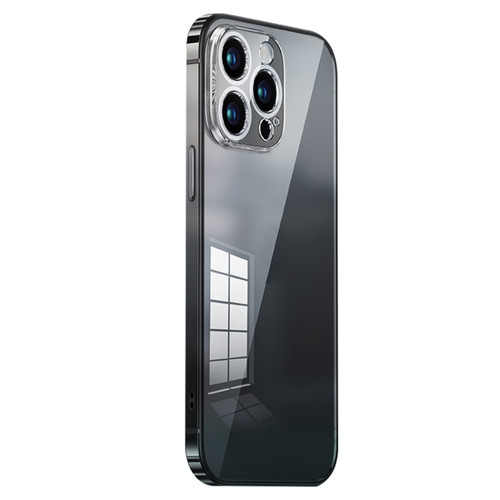iPhone 14 Pro Stainless Steel Frame Transparent TPU Phone Case - Black