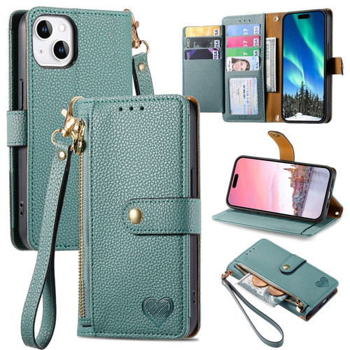 iPhone 14 Pro Love Zipper Lanyard Leather Phone Case - Green