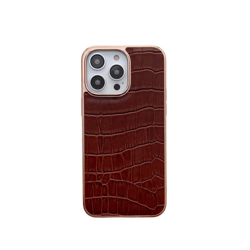iPhone 14 Pro Nano Electroplating Crocodile Texture Genuine Leather Phone Case - Coffee Brown
