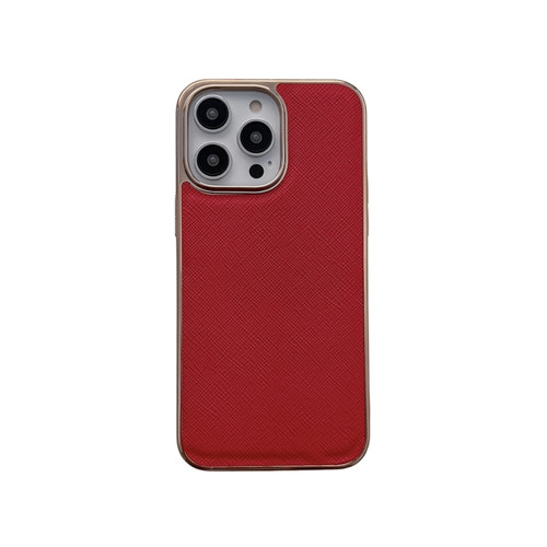 iPhone 14 Pro Nano Electroplating Cross Texture Genuine Leather Phone Case - Red