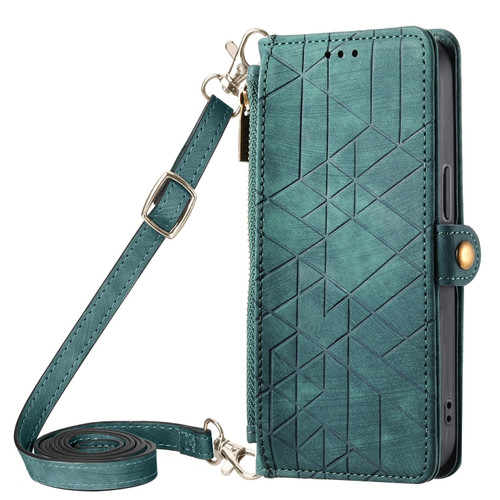 iPhone 14 Pro Geometric Zipper Wallet Side Buckle Leather Phone Case with Crossbody Lanyard - Green