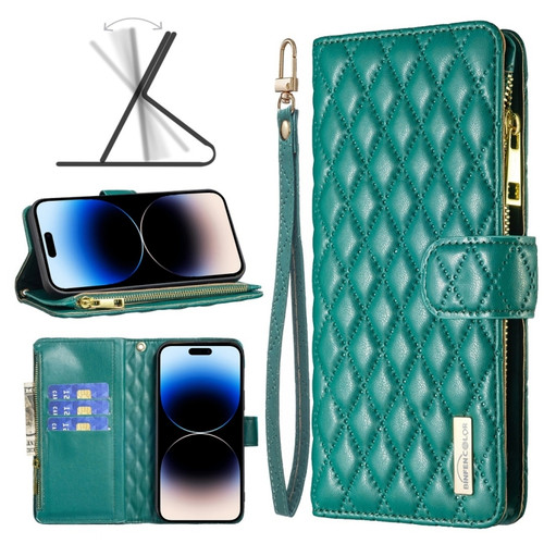 iPhone 14 Pro Diamond Lattice Zipper Wallet Leather Flip Phone Case - Green