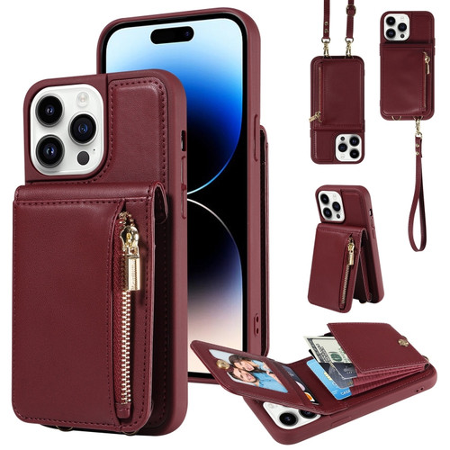 iPhone 14 Pro Crossbody Lanyard Zipper Wallet Leather Phone Case - Wine Red