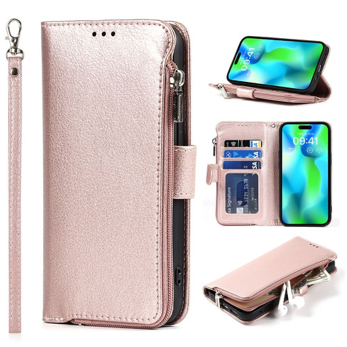 iPhone 14 Pro Microfiber Zipper Leather Phone Case - Rose Gold