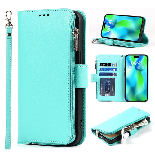 iPhone 14 Pro Microfiber Zipper Leather Phone Case - Mint Green