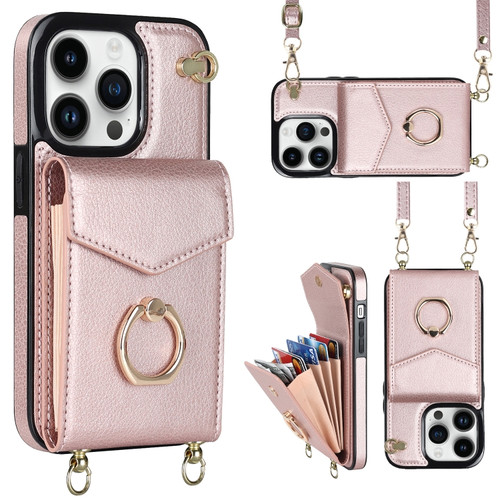 iPhone 14 Pro Ring Holder RFID Card Slot Phone Case with Long Lanyard - Rose Gold