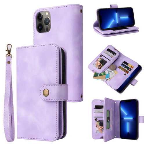 iPhone 14 Pro Multifunctional Card Slot Zipper Wallet Flip Leather Phone Case - Purple