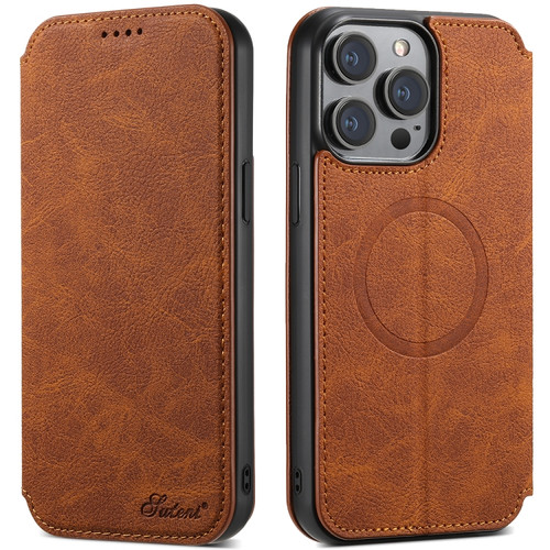 iPhone 14 Pro Suteni J06 Retro Matte Litchi Texture Leather Magnetic Magsafe Phone Case - Khaki