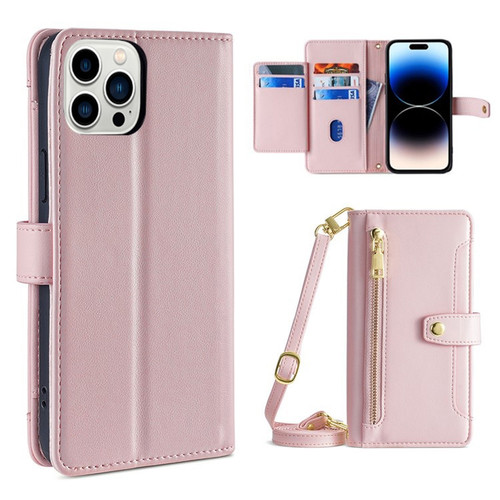 iPhone 14 Pro Sheep Texture Cross-body Zipper Wallet Leather Phone Case - Pink