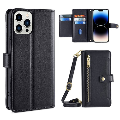 iPhone 14 Pro Sheep Texture Cross-body Zipper Wallet Leather Phone Case - Black