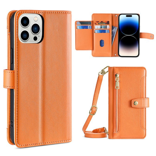 iPhone 14 Pro Sheep Texture Cross-body Zipper Wallet Leather Phone Case - Orange