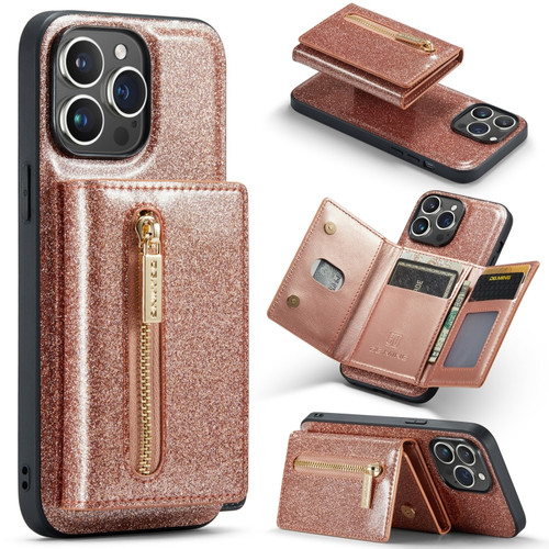 iPhone 14 Pro DG.MING M3 Series Glitter Powder Card Bag Leather Case - Rose Gold