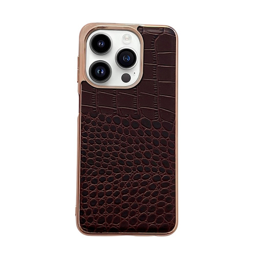 iPhone 14 Pro Crocodile Texture Genuine Leather Nano Electroplating Phone Case - Coffee
