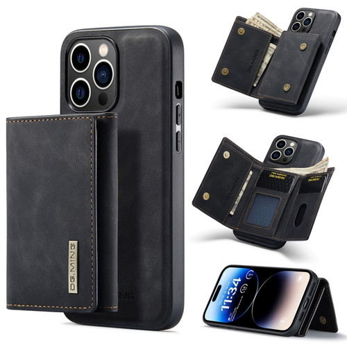 iPhone 14 Pro DG.MING M1 Series 3-Fold Multi Card Wallet Leather Case - Black