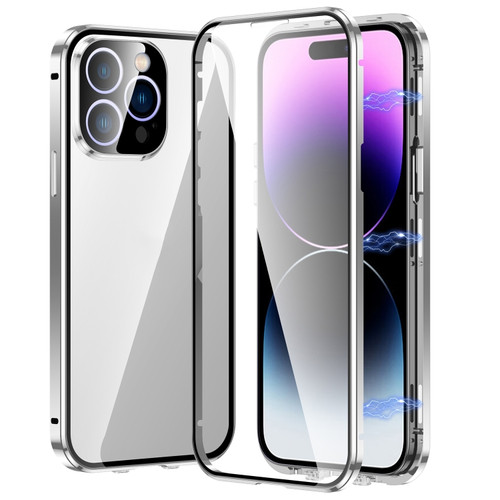 iPhone 14 Pro Magnetic Double-buckle HD Tempered Glass Phone Case - Silver