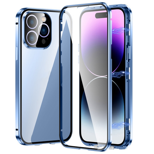 iPhone 14 Pro Magnetic Double-buckle HD Tempered Glass Phone Case - Blue