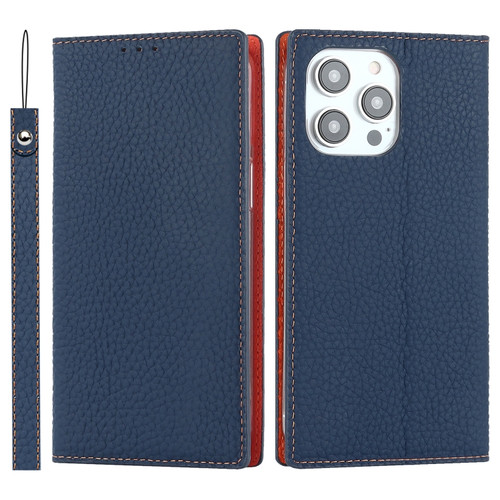 iPhone 14 Pro Litchi Texture Genuine Leather Phone Case - Dark Blue