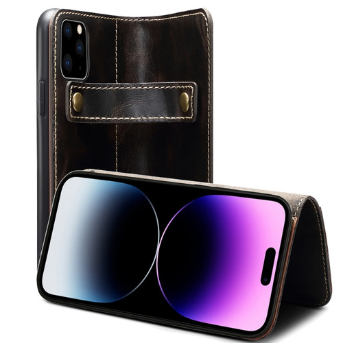 iPhone 14 Pro Denior Oil Wax Cowhide DK Magnetic Button Leather Phone Case - Black