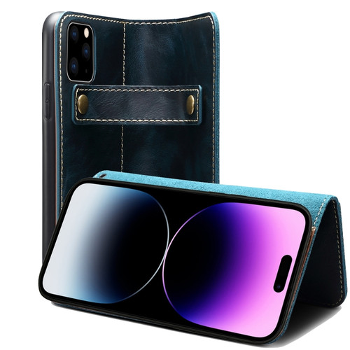 iPhone 14 Pro Denior Oil Wax Cowhide DK Magnetic Button Leather Phone Case - Dark Blue