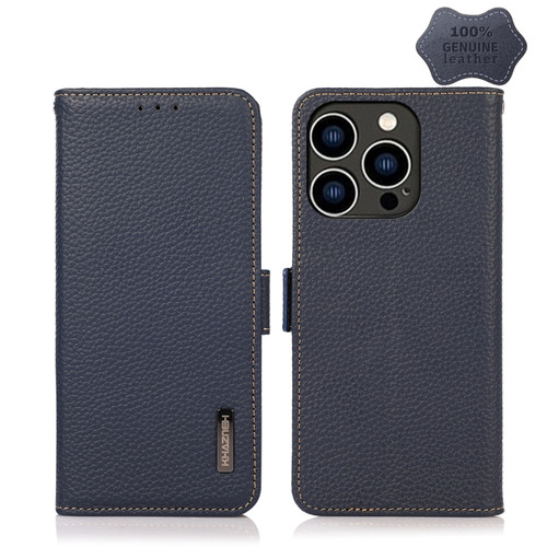 iPhone 14 Pro KHAZNEH Side-Magnetic Litchi Genuine Leather RFID Phone Case  - Blue