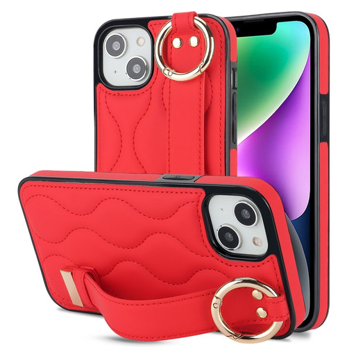 iPhone 14 Non-slip Full Coverage Ring PU Phone Case with Wristband - Red