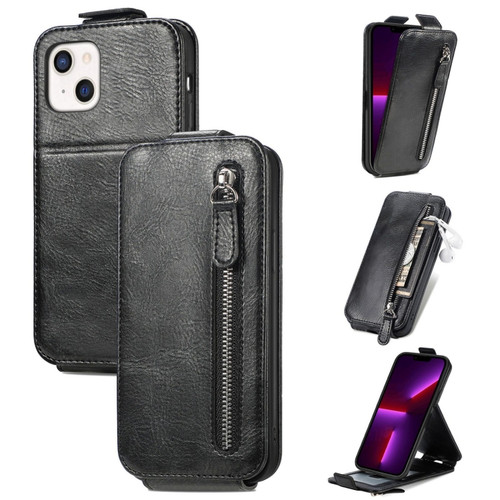 iPhone 14 Zipper Wallet Vertical Flip Leather Phone Case - Black