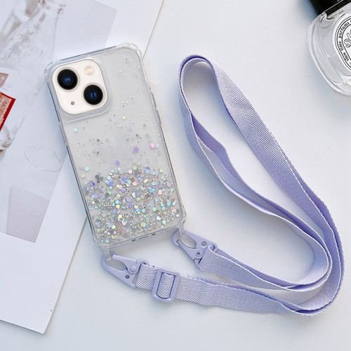 iPhone 14 Lanyard Glitter Epoxy Clear Phone Case  - Purple