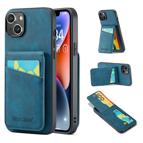 iPhone 14 Fierre Shann Crazy Horse Card Holder Back Cover PU Phone Case - Blue