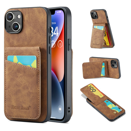 iPhone 14 Fierre Shann Crazy Horse Card Holder Back Cover PU Phone Case - Brown