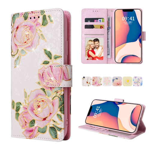 iPhone 14 Bronzing Painting RFID Leather Case  - Rose Flower